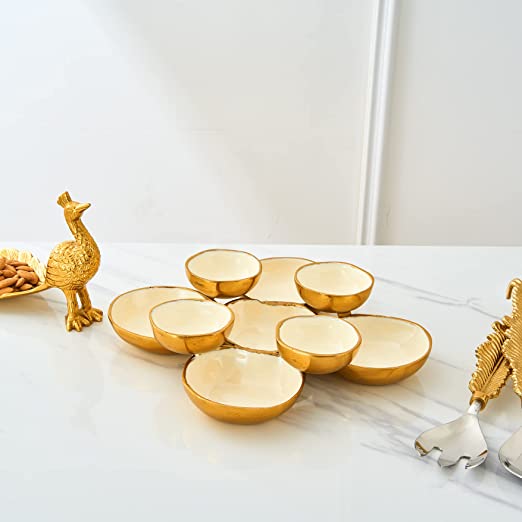 Cluster of 8 Round Serving Bowls Decorative Bowls Gold & White, Brass - Decoration, Snack Tray Bowl, Chip and Dip Strong Brass Beautiful Room Accent, Perfect for Entertaining, Home & Wedding Gifts 11"