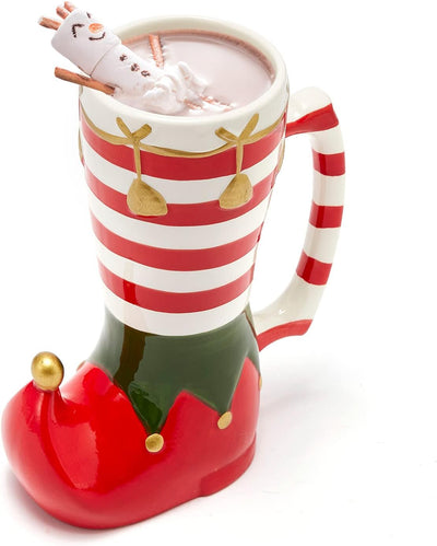 GUTE Christmas Elf Boot Mug Large Ceramic Christmas Mug for Coffee, Cocoa, Wine, Eggnog and More - Elfs Candy Cane Stocking Sock for Holiday and Seasonal Gift - 7.8" High, 6" Wide, 17 oz Capacity