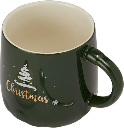 Santa's Christmas Reindeer Mug Festive with Spoon and Santa Hat Lid - Ceramic Microwave & Dishwasher Safe - 14oz Holiday Mugs for Coffee, Hot Chocolate, Eggnog - Merry Christmas - Green Great Gift!