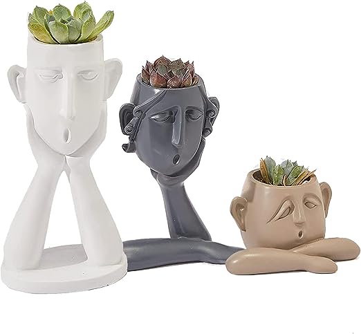 Human Face Shaped Succulent & Flower Planter Pots - Set of 3- Figurines for Garden - Indoor Outdoor Decorative Garden Figurines, Drainage Holes for Plants Artistic - White, Khaki, Grey
