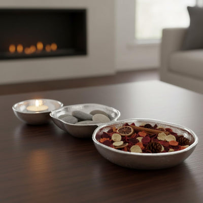 GUTE Cluster of 3 Bowls – Modern Luxury Aluminum Decorative Sculpture | Centerpiece Décor for Dining or Living Room Table Accent | Artistic Display Bowl Set | 14.3" x 6.3" x 1.2" | Silver Finish