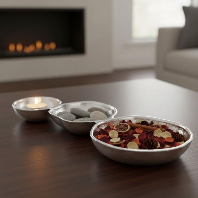 GUTE Cluster of 3 Bowls – Modern Luxury Aluminum Decorative Sculpture | Centerpiece Décor for Dining or Living Room Table Accent | Artistic Display Bowl Set | 14.3" x 6.3" x 1.2" | Silver Finish