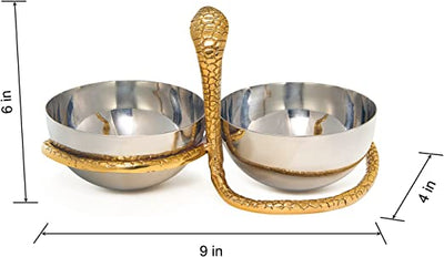 Serpent Gold Brass & Silver Double Catchall Decorative Bowls, Snake Shaped Serpent Serving Snack Bowl Chip and Dip Serving Platter for Nuts, Chips, Appetizers, Salsas, Condiments Serveware, Entryway