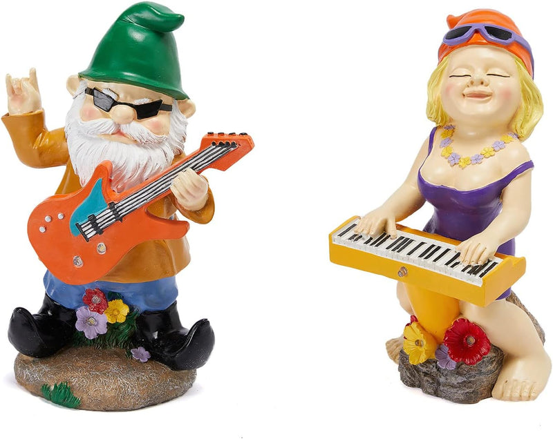 Rock N Roll Musician Gnomes with Solar LED Light Instruments | Set of 2 | Musician, Pianist, Guitarist Garden Statue, Yard Art Décor, Indoor & Outdoor Ornament for Lawn, Patio Sculpture - 10"-11" H