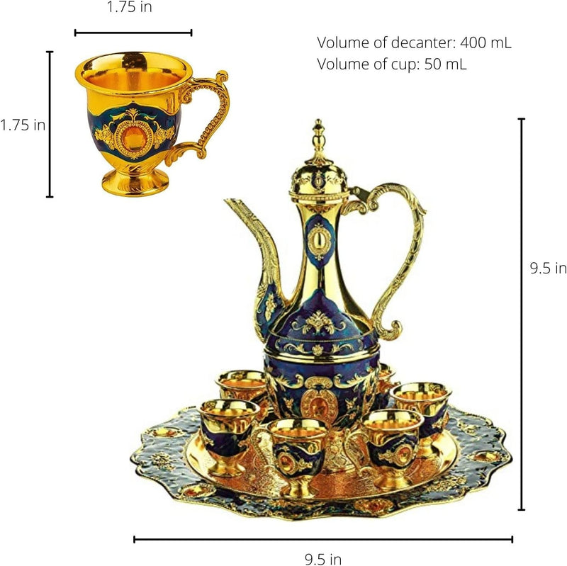 Vintage Turkish Coffee Pot Set for 6 including Tray & Teapot Silver Inserted with Swarovski Style Crystals (Blue, Small)