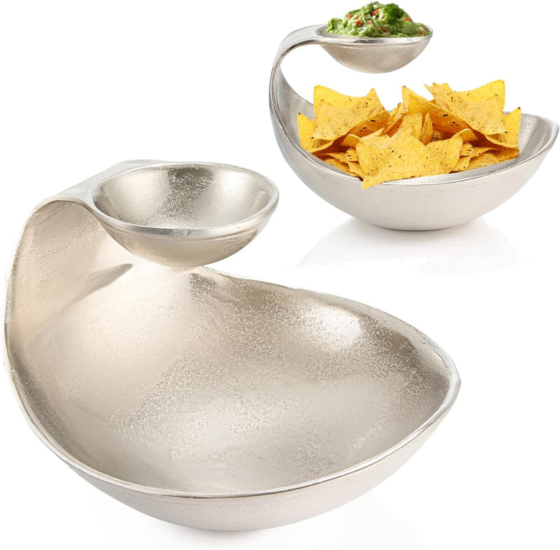 Chip and Dip Serving Bowl Silver Brass Tiered Snack, Candy & Salad Bowl Chip n Dip Decorative Centerpiece Serving Platter for Nuts, Chip & Dip, Salsas, Food Tray, Serveware Home Decor Entertaining 1PC