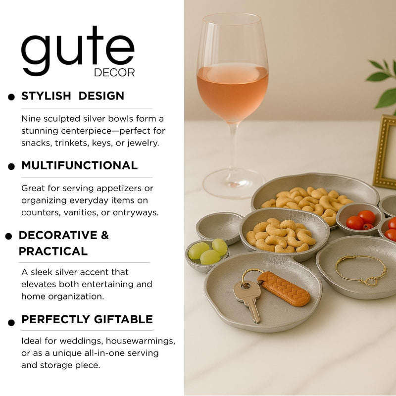 GUTE Cluster Decorative Bowls, Bright Silver Brass - Decoration, Snack Tray Bowl, Chip and Dip Strong Brass Beautiful Room Accent, Perfect for Entertaining, Parties, Home & Wedding Gifts 22"