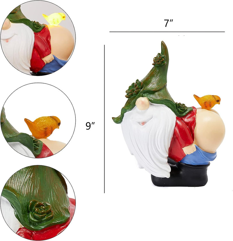 Garden Gnome Bare Buttocks Gnomes Light Up Solar Solar LED Mooning Butt with Glowing Bird, Adorable Gardens Figurine, Funny Statue Colorful Waterproof Outdoor Ornament - Yard, or Patio Large 10” Gift