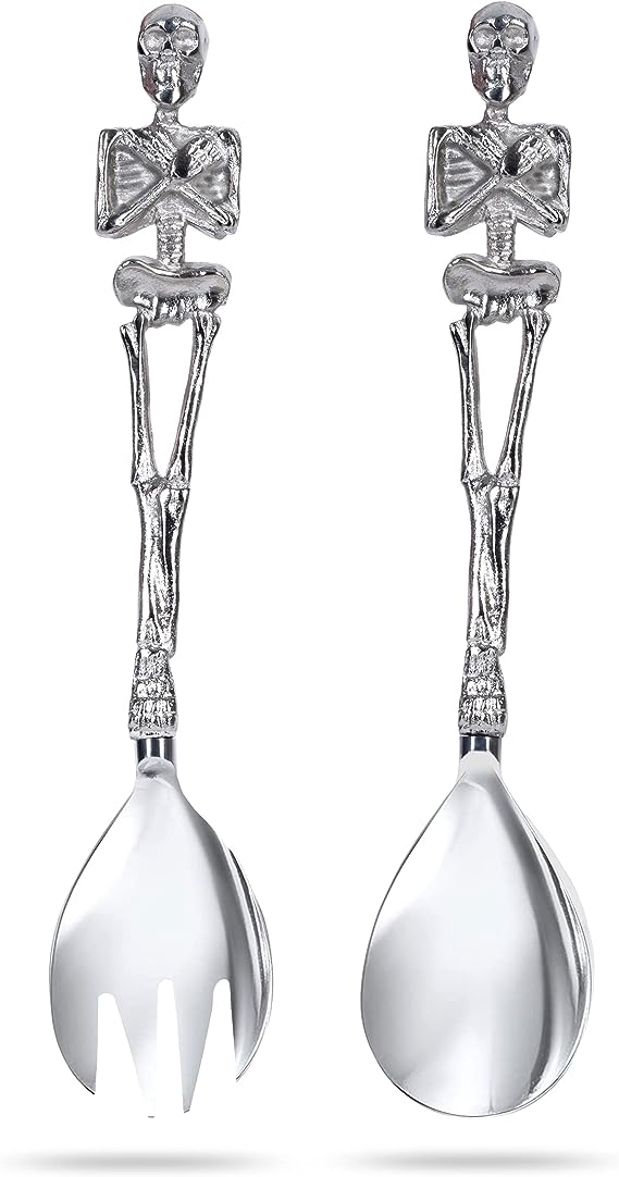 Skeleton Hands Salad Server Tongs, Fork & Spoon Set by Gute - Skull Gothic Flatware, Goth Gifts, Skull Spooky Gift Set, Serveware Home Decor Stainless Steel Polished