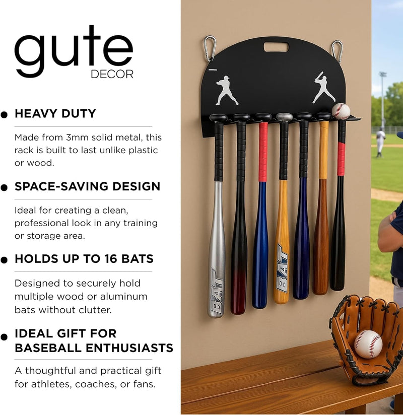 Baseball Bat Metal Organizer by Gute - Softball Bat Hanger Rack, Holds 8 Aluminum Bats, Bat Caddy for Fence, Dugouts, Garage, Mounts On Wall For Storage And Display Hardware Included 5" X 17"