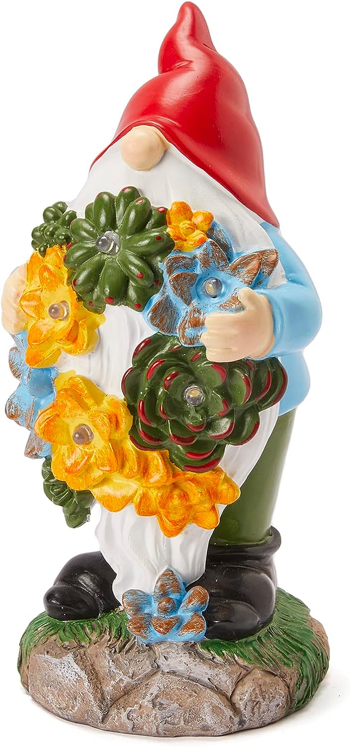 Garden Gnome Statue - Electric Solar Light Up Flower Bouquet Gnome Figurine, Bright Flowers LED Lights, Large Outdoor Decorations - Patio Yard Lawn Porch, Garden Gifts, Ornament Gift