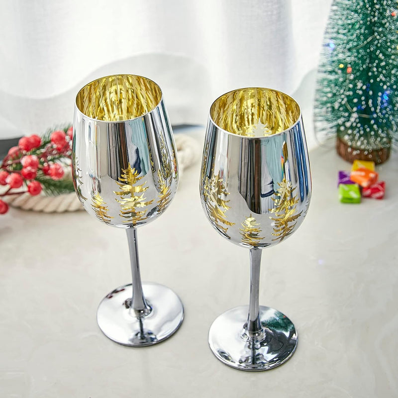 Crystal Winter Tree Wine & Water Glasses - Set of 2 - Gold Themed Vibrant Etched Winter Snow Wonderland Frosted Glass, Perfect for Themed Parties, Gifts for Him & Her Trees Décor