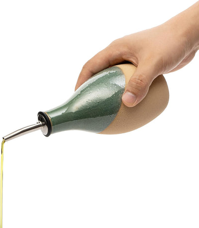 Cruet Ceramic Olive Oil Dispenser Bottle Perfect Home Decor Gift 400ml Vinegar Cruet Bottle with Pourer and Stopper - Olive Oil Carafe for Kitchen - Cruet for Vinegar and Oil 6" H 3" W (Green)