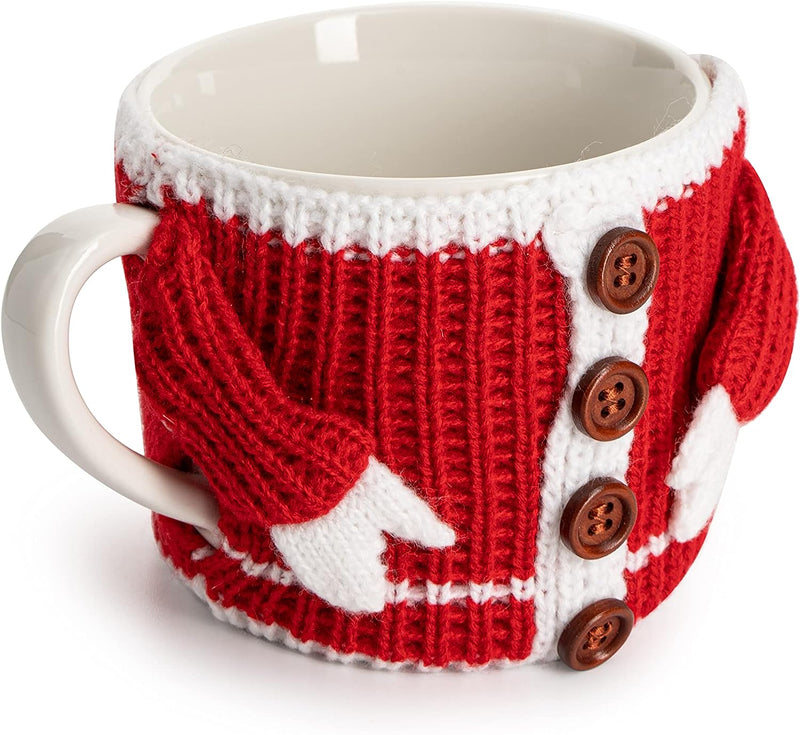 Sweater Mug Winter Cozy Gift Red & White Gloves Tree Gift Mugs - Holiday Seasonal Gift, 14oz 3.5" Removable Crochet Winter Season Cup, Cute Merry Santa, Reindeer, Snowman, Snowflake Design