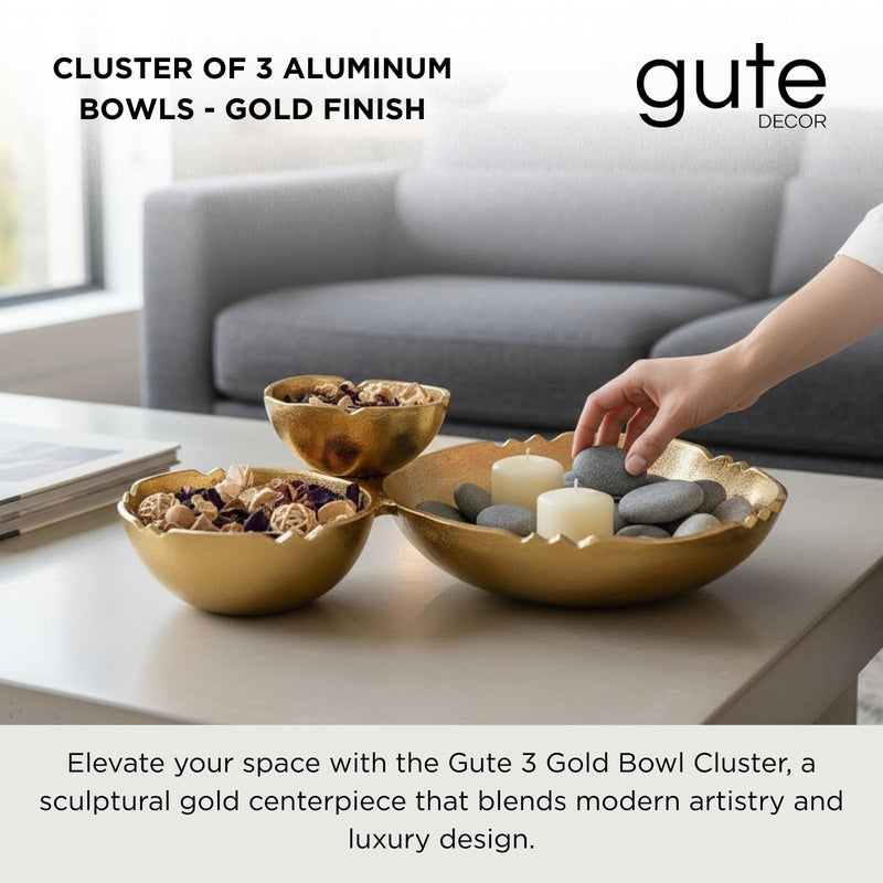 GUTE Cluster of 3 Bowls – Modern Luxury Aluminum Decorative Sculpture | Centerpiece Décor for Dining or Living Room Table Accent | Artistic Display Bowl Set | 14.6" x 9.1" x 13.9" | Gold Finish