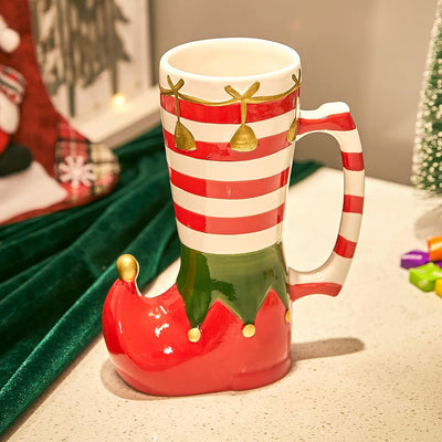 GUTE Christmas Elf Boot Mug Large Ceramic Christmas Mug for Coffee, Cocoa, Wine, Eggnog and More - Elfs Candy Cane Stocking Sock for Holiday and Seasonal Gift - 7.8" High, 6" Wide, 17 oz Capacity