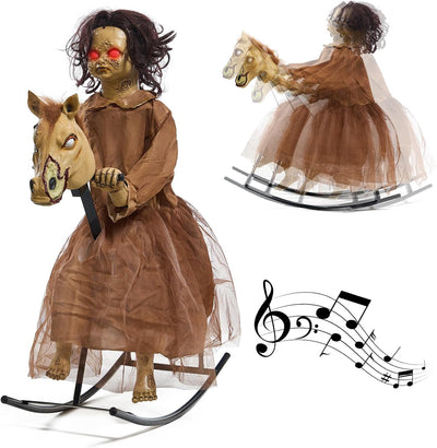 Large Halloween Haunting Hill Rocking Horse Girl Animatronic - Moving Creepy Life Size Doll with Sound & Movement| Animated | Motion | Indoor Outdoor Spooky Creepy Decoration - Haunted House Prop