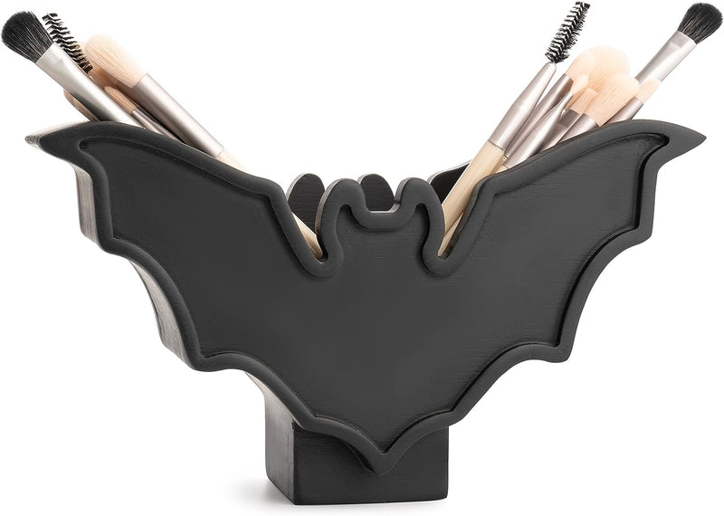 Bat Makeup Brush Holder 7" L 5" H - Halloween Brush & Pen Holder for Vanity Desk or Office Organizer Make up Brushes Holder, Makeup Brush Cup Container Storage Case - Bat Brush Holder Goth Decor