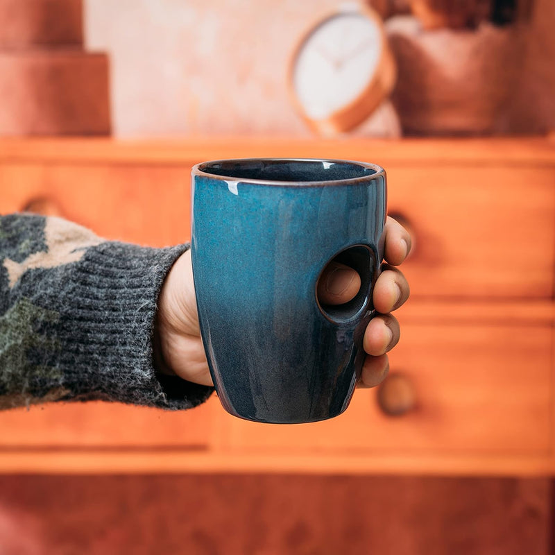 Full Handwarmer Mug 12oz, Central Grip To Comfy Warm Your Hands & Fingers While Drinking Your Favorite Hot Drink, Hand Warmer Cup, Ceramic and Hand Painted - Hold Warmth Holiday Christmas Gift (Blue)