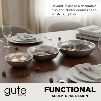 GUTE Cluster of 3 Bowls – Modern Luxury Aluminum Decorative Sculpture | Centerpiece Décor for Dining or Living Room Table Accent | Artistic Display Bowl Set | 14.3" x 6.3" x 1.2" | Silver Finish