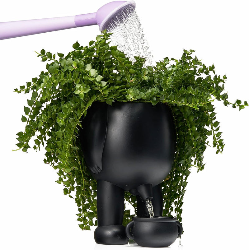 Novelty Peeing Planter Pot - Pour Water and Watch It Come Out The Other End! - Funny Gift Idea, Black Flower, Shrub, Succulent, Greenery Pot - 7" H Spooky Indoor Outdoor Plants & Server Decor (Black)