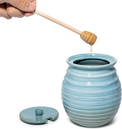 Honey Jar Pot By Gute 6"H - Elegant & Modern Ceramic With Dipper & Lid Rosh Hashanah Gift - Home Kitchen Honey and Syrup, Gorgeous Blue Beehive Honey Jar, Great For Jam, Jelly, 14oz (Lagoon Blue)