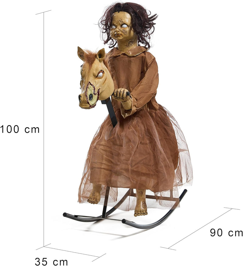 Large Halloween Haunting Hill Rocking Horse Girl Animatronic - Moving Creepy Life Size Doll with Sound & Movement| Animated | Motion | Indoor Outdoor Spooky Creepy Decoration - Haunted House Prop
