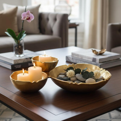 GUTE Cluster of 3 Bowls – Modern Luxury Aluminum Decorative Sculpture | Centerpiece Décor for Dining or Living Room Table Accent | Artistic Display Bowl Set | 14.6" x 9.1" x 13.9" | Gold Finish