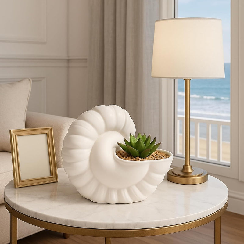Seashell Succulent Planter Pot, Bowl & Vase, Handmade Conch Detailed White Planter, Large 9.5" Flower Plant Vase, Carved Beach Shell Decor - & Indoor Plants, Gift for Mom