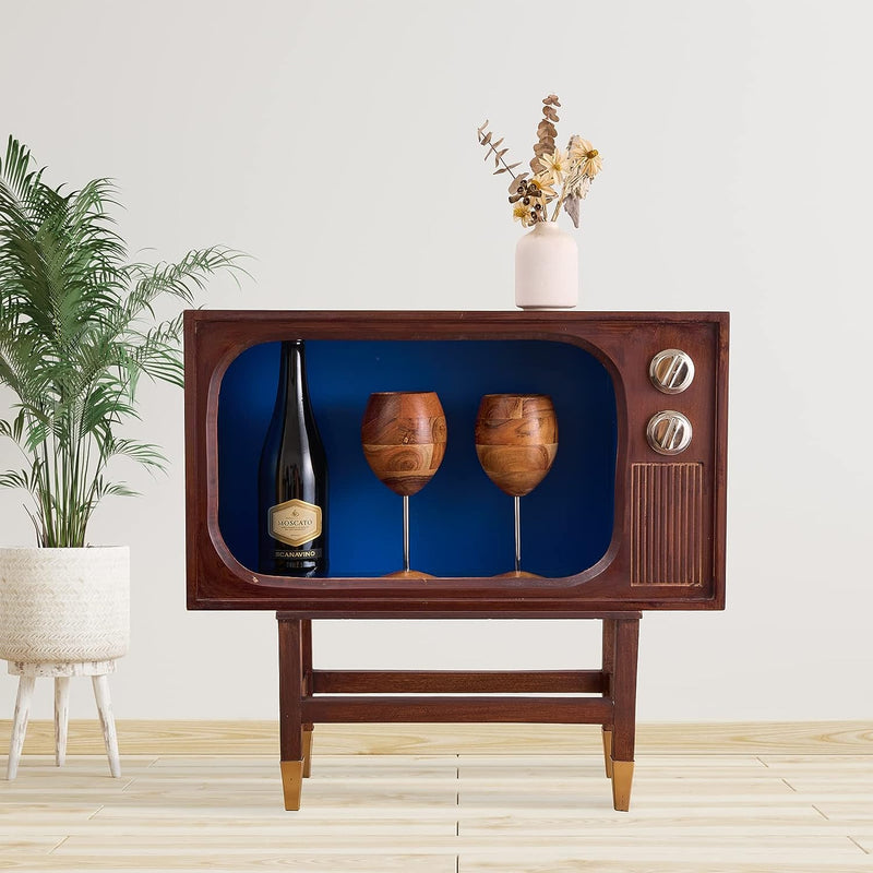 Vintage TV Liquor Cabinet Display Case, 70s Wine Bar Storage, Blue & Wooden Glasses Holder, Farmhouse Mahogany Wooden Coffee Bar, Buffet Table Sideboard for Kitchen, Living Room, Entryway, Dining Room