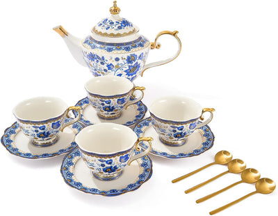 Fine Bone China Tea Set with Teapot, Teacups & Spoons & Saucers 13-Pieces Blue, Porcelain White & Gold Detailed Dream Vintage Floral - Coffee & Teas, Gifts for Mom, Her, Housewarming, Wedding Service