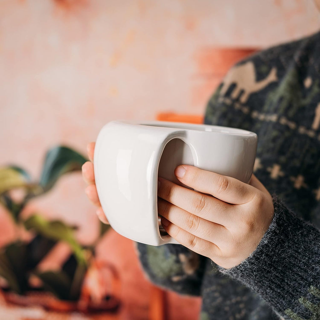 Two Hand Hand Warmer Mug, Handmade Pottery - Handwarmer Contoured Pockets  for Both Hands will Hold Warmth From The Heat Of Your Drink To Keep Your
