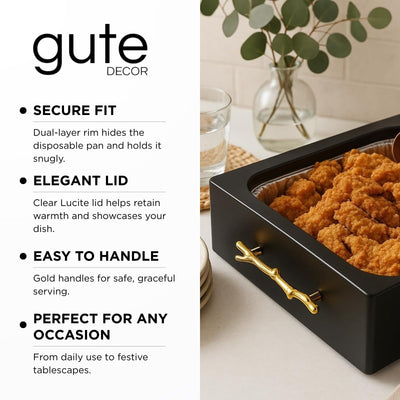 9x13 Pan Server & Holder Dish, Lucite Smart Decor Pans with Lid - Fancy 3-Piece Clear Serving Set with Rim Cover & Top – Elegant Dish for Dinner, Shabbat, Buffet, Counter, Dining Table, Black & Gold