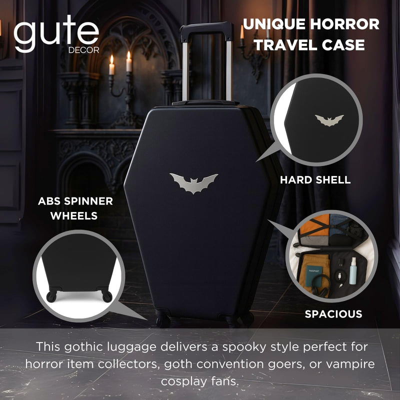 Coffin Suitcase 26.5 Inch Gothic Luggage Black Hard Shell Spinner Carry On with Lock | Unique Horror Casket Travel Case Trolley Bag with Wheels for Halloween, Cosplay, Conventions, Airport Trips