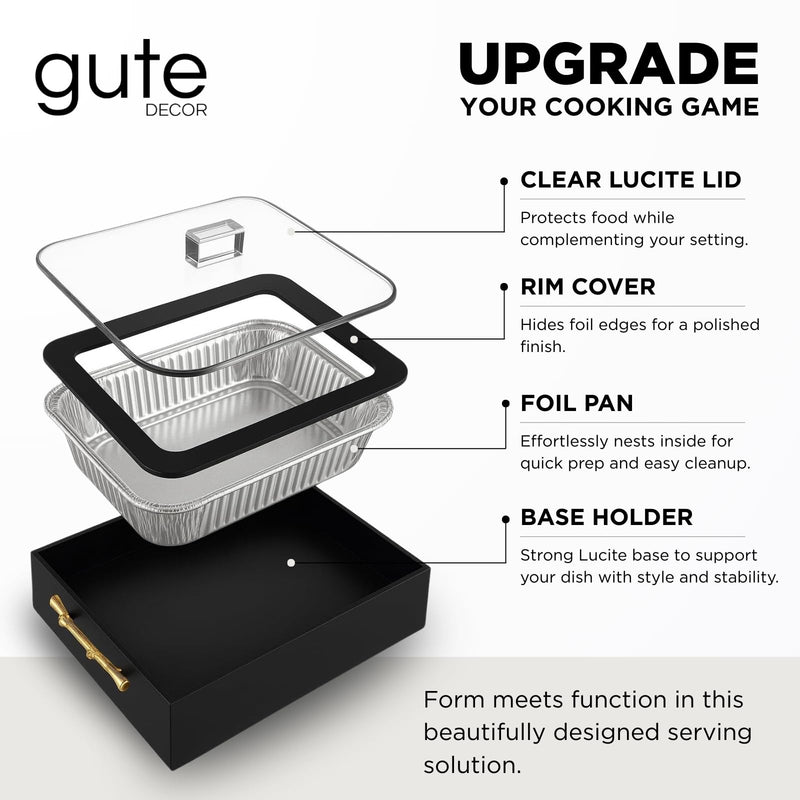9x13 Pan Server & Holder Dish, Lucite Smart Decor Pans with Lid - Fancy 3-Piece Clear Serving Set with Rim Cover & Top – Elegant Dish for Dinner, Shabbat, Buffet, Counter, Dining Table, Black & Gold