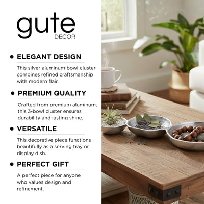 GUTE Cluster of 3 Bowls – Modern Luxury Aluminum Decorative Sculpture | Centerpiece Décor for Dining or Living Room Table Accent | Artistic Display Bowl Set | 14.3" x 6.3" x 1.2" | Silver Finish