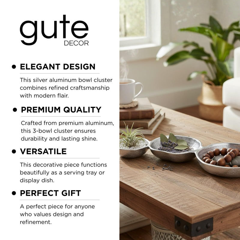 GUTE Cluster of 3 Bowls – Modern Luxury Aluminum Decorative Sculpture | Centerpiece Décor for Dining or Living Room Table Accent | Artistic Display Bowl Set | 14.3" x 6.3" x 1.2" | Silver Finish