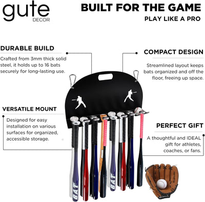 Baseball Bat Metal Organizer by Gute - Softball Bat Hanger Rack, Holds 8 Aluminum Bats, Bat Caddy for Fence, Dugouts, Garage, Mounts On Wall For Storage And Display Hardware Included 5" X 17"