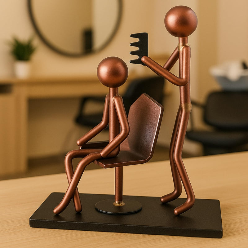 Hairdresser Craft Handmade Figurine – 4.25" L x 4.25" H – Recycled Metal Sculpture & Hand Welded Bronze Finish Art Gift – Barber Shop Decor, Salon Desk Accessories & Hairstylist Appreciation Gifts