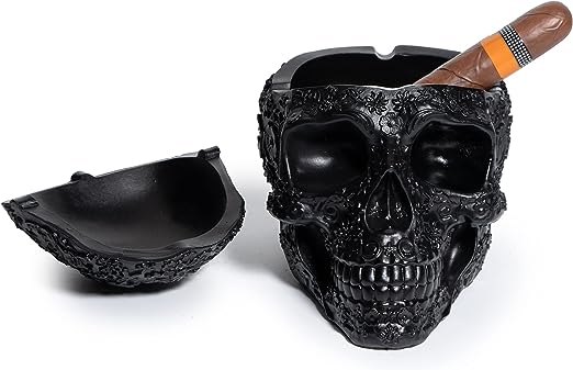Spooky Human Skull Ashtray with Cover - Scary Skeleton Decor, Gothic Emo, Human Halloween Decorations - for Indoor or Outdoor Use - Gothic Skulls & Bones Figurines, Head Sculptures Unique Goth Gifts