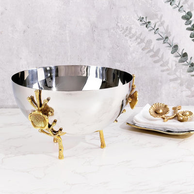 Decorative Serving Silver Bowl, Fruit, Salad, Snack, Decor Catch All Bowls, With Brass Floral Flower Vine, Stainless Steel Metal, Living Room, Dining Table Home Decor Large 1 Gal Capacity, 10.1 Inch