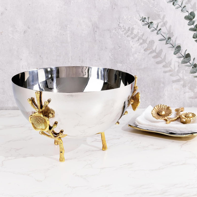 Decorative Serving Silver Bowl, Fruit, Salad, Snack, Decor Catch All Bowls, With Brass Floral Flower Vine, Stainless Steel Metal, Living Room, Dining Table Home Decor Large 1 Gal Capacity, 10.1 Inch