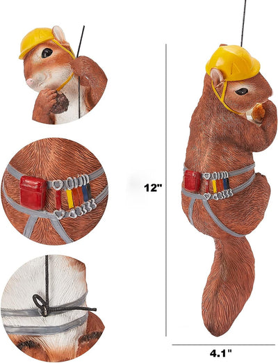 Climbing Squirrel Figurine Garden Wall & Tree Decor Statues, Animal Backyard Accessories, Hang on Wall, Yard Art Squirrel Gifts Figure Indoor and Outdoor Lawn Squirrel with Helmet Funny Decoration 12"