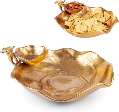 GUTE Chip and Dip Floral Serving Bowl Gold Brass Tiered Snack, Flower Bowl Decorative Centerpiece Serving Platter for Nuts, Chip and Dip, Salsas, Food Tray, Serveware Home Decor Gift Entertaining