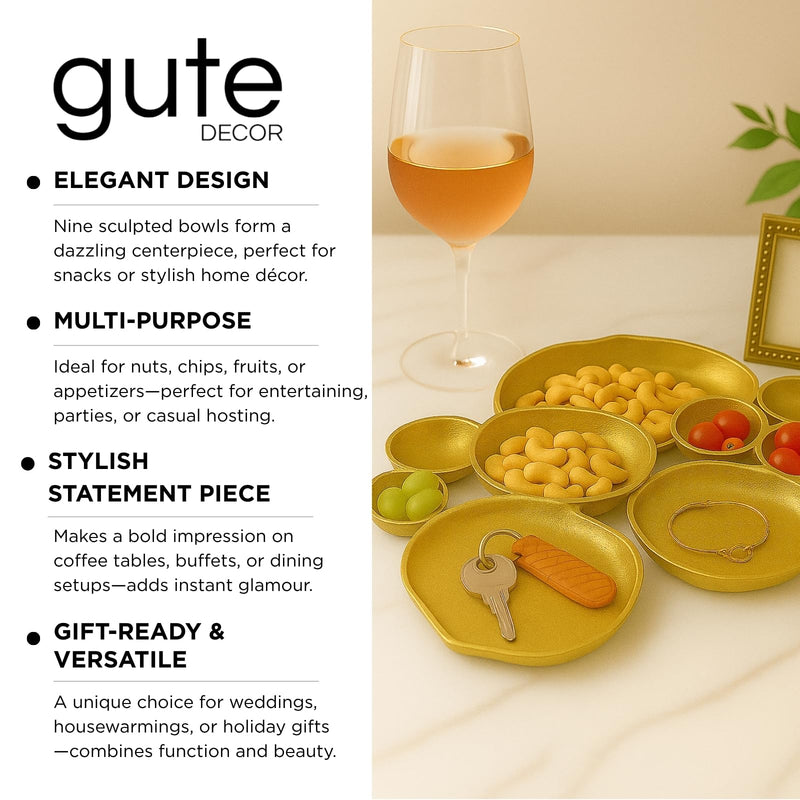 GUTE Cluster Decorative Bowls, Bright Gold Brass - Decoration, Snack Tray Bowl, Chip and Dip Strong Brass Beautiful Room Accent, Perfect for Entertaining, Parties, Home & Wedding Gifts 22"