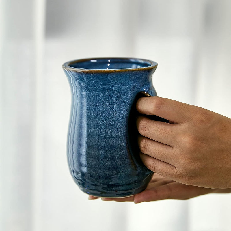 Gute Hand Warmer Mug, Ceramic and Hand Painted - Contoured Pocket will Hold Warmth From The Heat Of Your Drink To Keep Your Fingers Warm, Comfy Handwarmer (Winter Lake Blue)