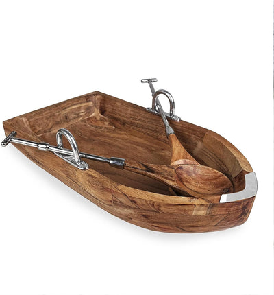 GUTE Rowboat Serving Bowl with a Pair of Wood Serving Utensils, Boat Salad Bowl approx. 16" L x 6" W x 5" H 50 fl. oz. Capacity (Wood with Oars)