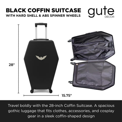 Coffin Suitcase 26.5 Inch Gothic Luggage Black Hard Shell Spinner Carry On with Lock | Unique Horror Casket Travel Case Trolley Bag with Wheels for Halloween, Cosplay, Conventions, Airport Trips