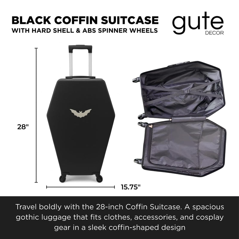 Coffin Suitcase 26.5 Inch Gothic Luggage Black Hard Shell Spinner Carry On with Lock | Unique Horror Casket Travel Case Trolley Bag with Wheels for Halloween, Cosplay, Conventions, Airport Trips