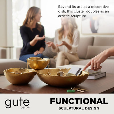 GUTE Cluster of 3 Bowls – Modern Luxury Aluminum Decorative Sculpture | Centerpiece Décor for Dining or Living Room Table Accent | Artistic Display Bowl Set | 14.6" x 9.1" x 13.9" | Gold Finish